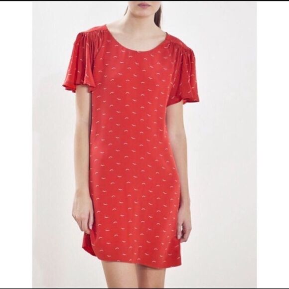 IKKS Coral Red Orange Bird Print Flutter Sleeve Mini Dress - Picture 2 of 10